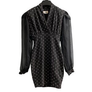 Vintage In Charge Y2K Dress Black Polka Dot Babydoll Bodycon Sheer Sleeves Retro
